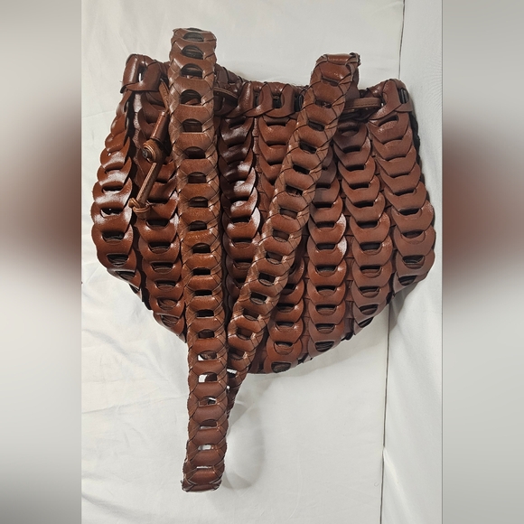 Bohemian Dark Brown Interlocking Leather Handbag Retro Basket Weave Bucket Bag - Picture 11 of 13